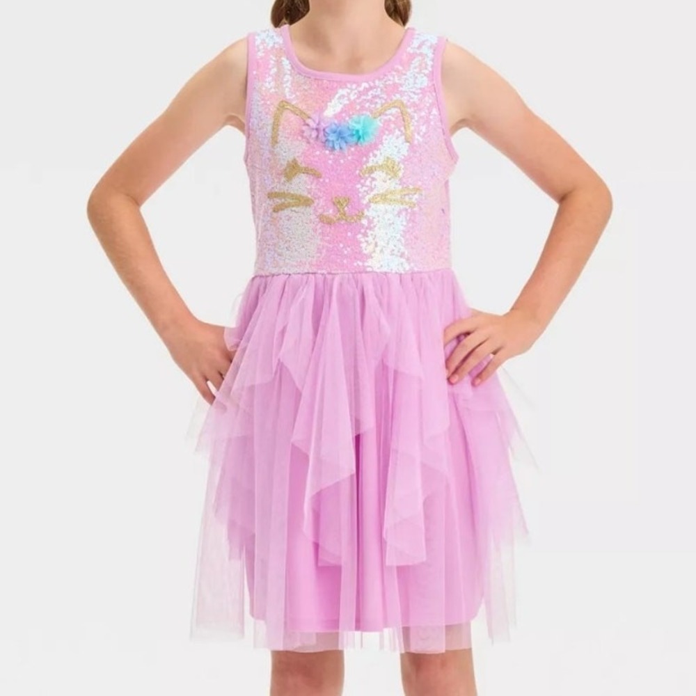 Zenzi Girls' Large 10/12 Sleeveless Cat Tulle Tutu Sequin Dress Pink Party
